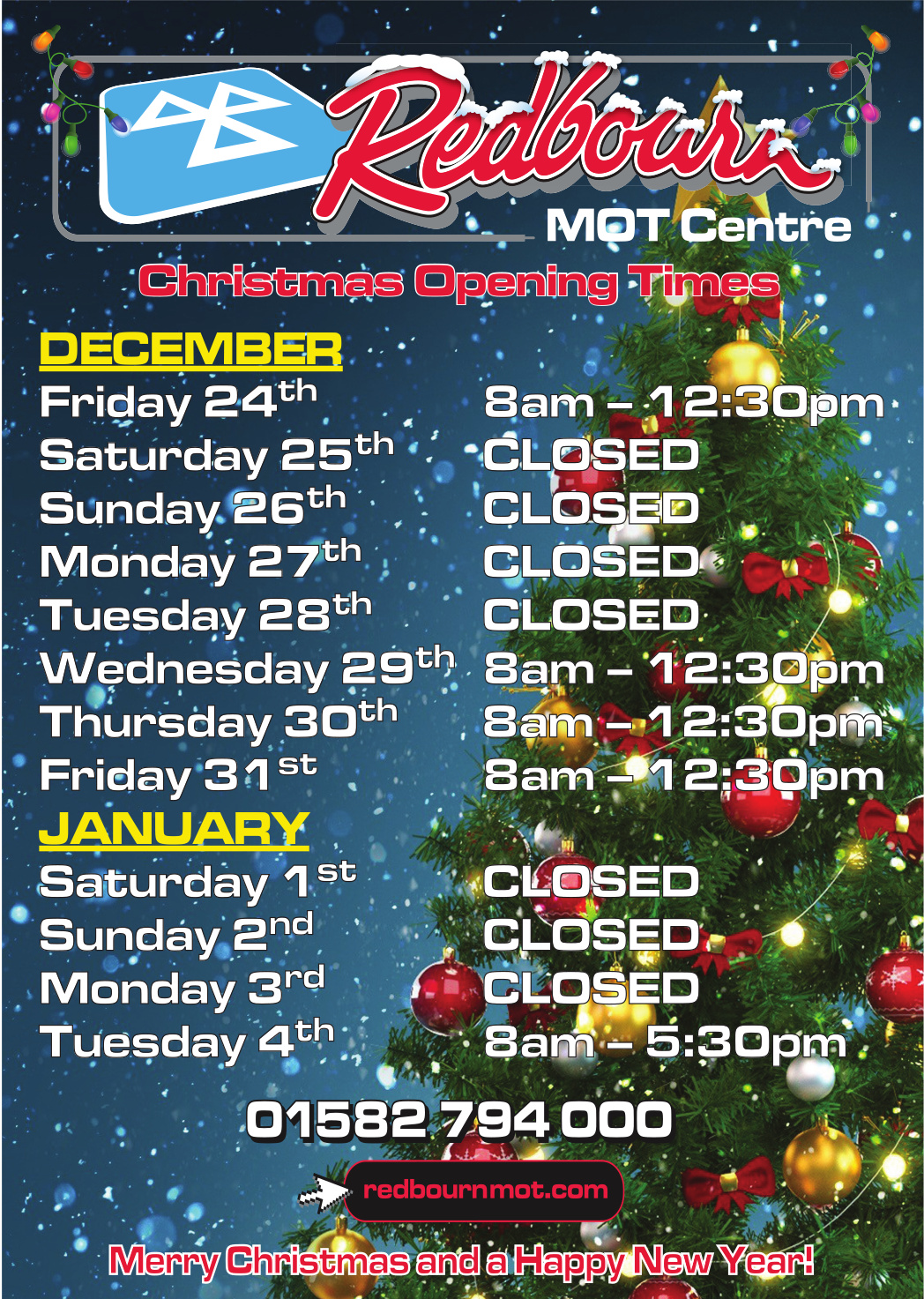 Christmas 2021 and New Year 2022 Opening Times