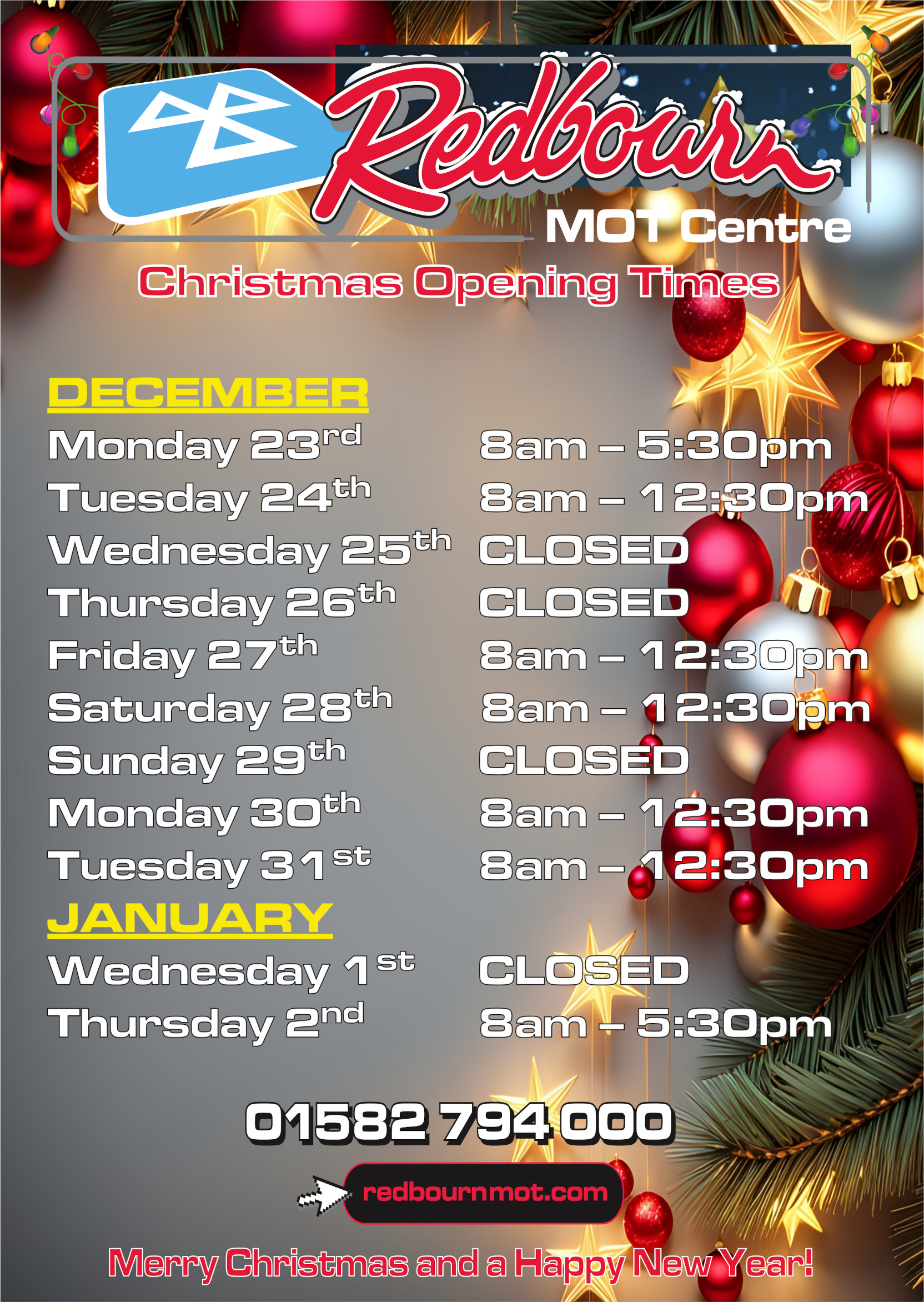 Christmas 2024 and New Year 2025
 Opening Times